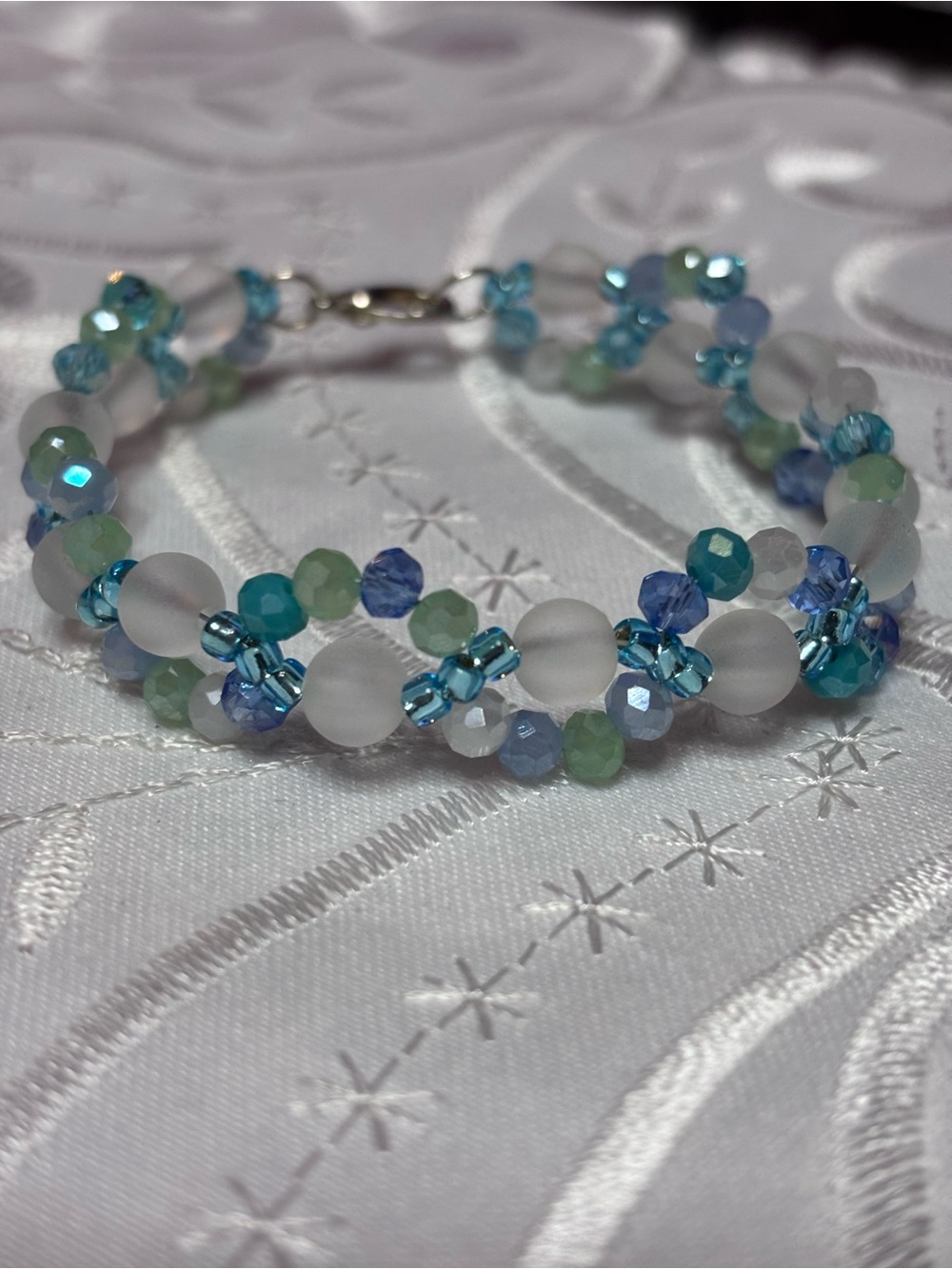 White Matte Quartz Bracelet accented with Blue and Mint Green Crystals